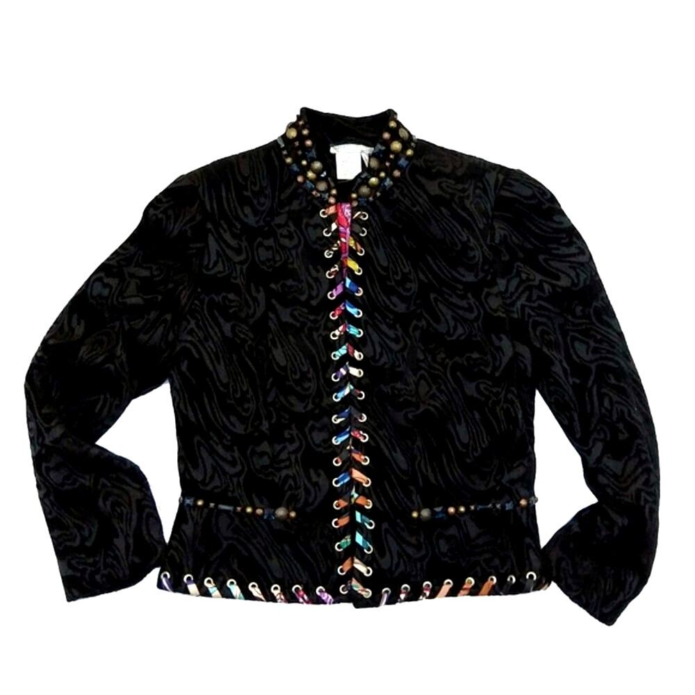 Alberto Makali Embellished Black Velvet Blazer Jewel Open Jacket M